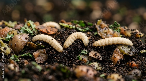 Black Soldier Fly Maggots Crawling on Soil and Organic Kitchen Scraps