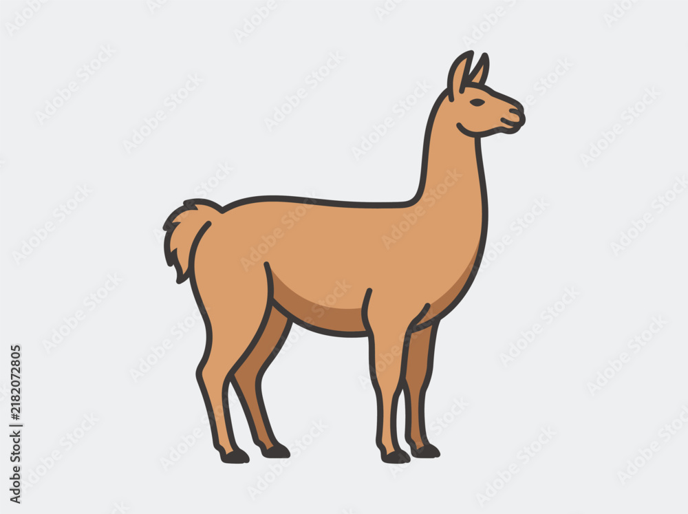 Fototapeta premium Cute brown llama standing in a simple flat vector illustration style
