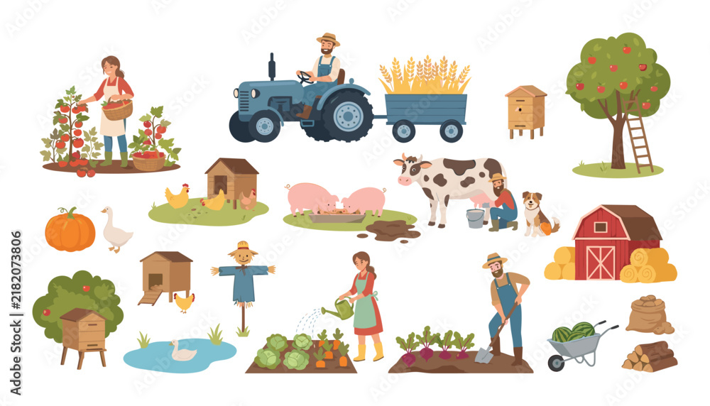 Naklejka premium Large bundle of organic farming vector illustration elements featuring cartoon farmers driving tractor feeding livestock and harvesting crops
