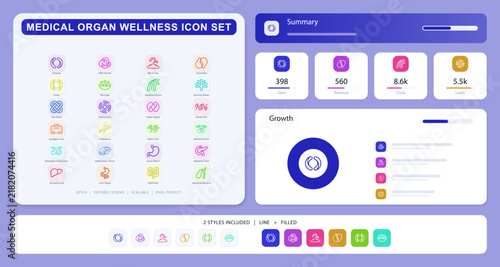 Human organ and medical tech icons set. Minimal vector symbols of kidneys, liver, heart, drones, and medical equipment for healthcare design.