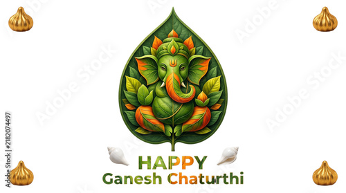 Lord ganesha inside a green leaf for happy ganesh chaturthi isolated on transparent background
