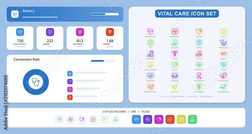 Healthcare and medical wellness icons set. Minimal outline vector symbols of stethoscope, heart, pills, hands, and medical cross for health app design