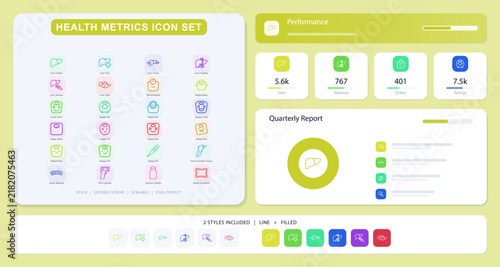 Health and wellness icons set. Outline vector collection of body organs, medical devices, and human faces for health apps and infographics.