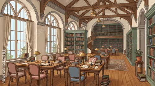 Classic university library reading room with wooden beams and bookshelves