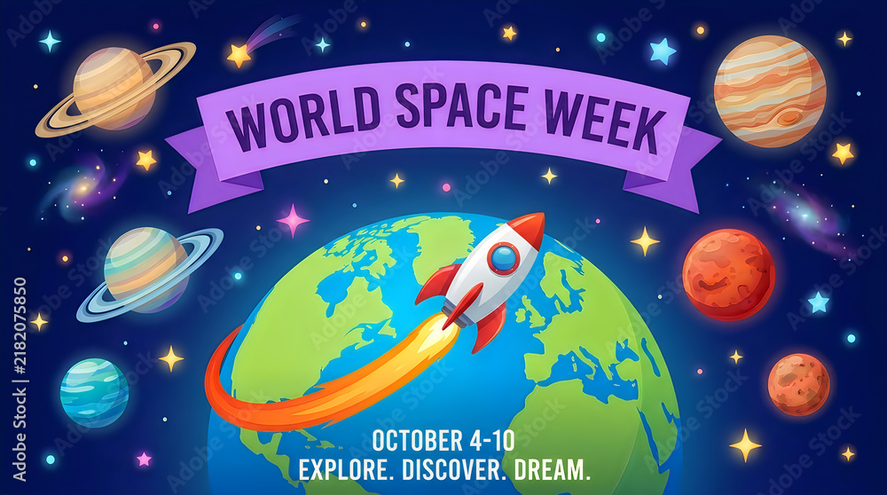 Naklejka premium World space week banner with rocket and planets in galaxy