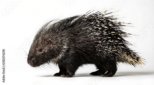 Close-up of porcupine walking on white background, detailed quills texture visible.
