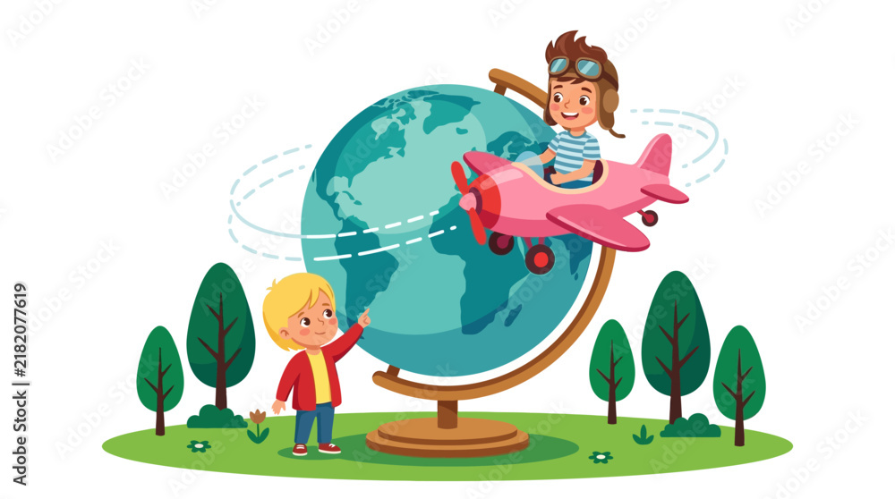 Fototapeta premium Cartoon illustration of a young boy in a pilot hat flying a pink propeller airplane around a large world globe while another child points from the ground near green trees.