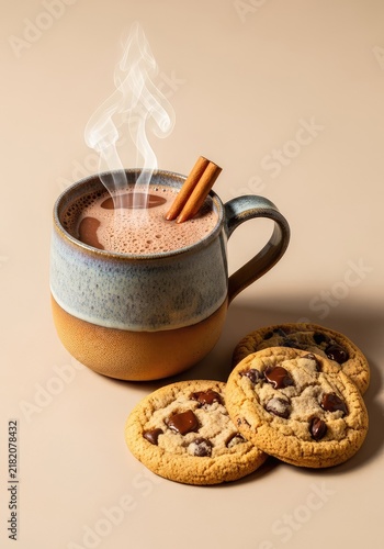 Cozy ceramic mug filled with steaming hot chocolate and topped with cinnamon sticks, served beside fresh baked cookies on a beige surface, snack, sticks, shadow