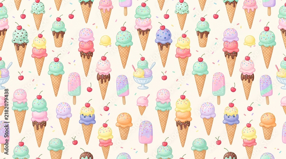 A seamless ice cream pattern with cones, scoops, sprinkles, and cherries in colorful pastel tones, sweet summer design, playful tile, 8k.