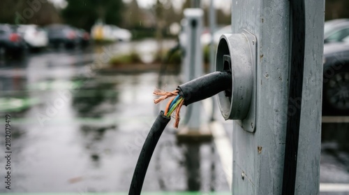 Broken electric vehicle charging station cable with exposed wires