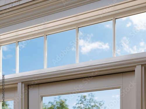 Architectural detail of a transom window with clear blue sky and white clouds reflection