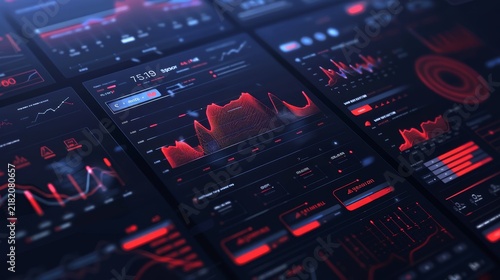 Digital interface displays financial charts and graphs with glowing neon red highlights on dark screens
