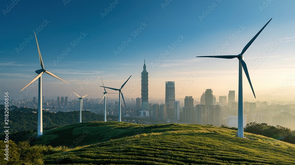 Obraz premium Modern wind turbines on grassy hill with city skyline and skyscrapers at sunrise