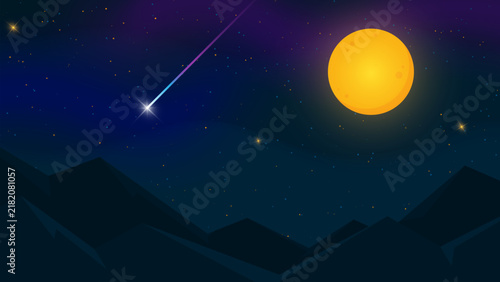 Night Sky Landscape with Full Moon and Shooting Star Illustration