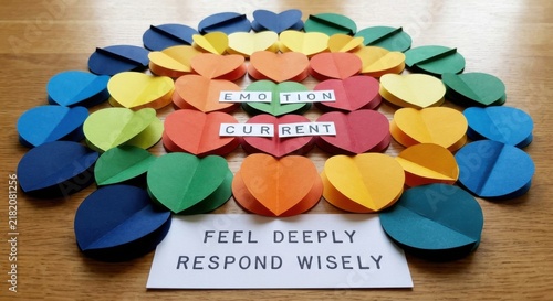 Folded Paper Hearts Displaying 'Emotion Current' and 'Feel Deeply Respond Wisely' Messages