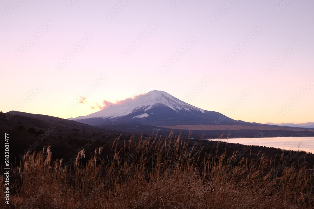 Fototapeta premium Snow-Capped Mount Fuji beyond a Lake and Susuki Grass at Sunset