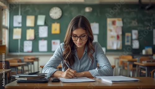Young female teacher writing notes at desk in a classroom