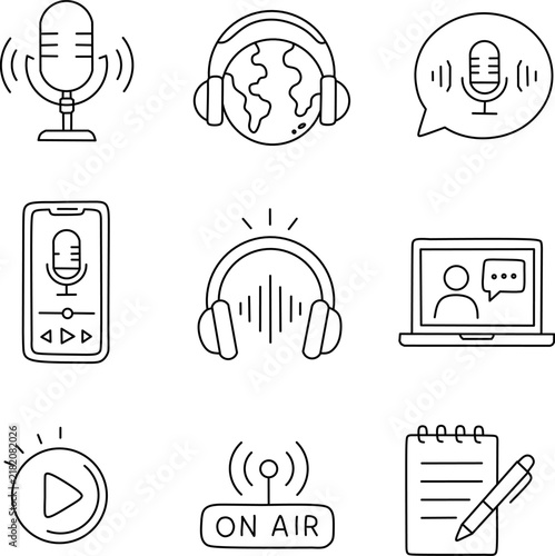 Podcast icon set for international podcast day celebration. Minimal black line vector collection.