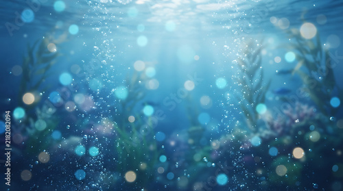 Colorful bubbles floating in blue light