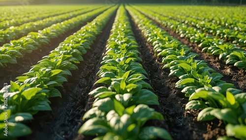 Rows of young green crops growing in a sunny agricultural field