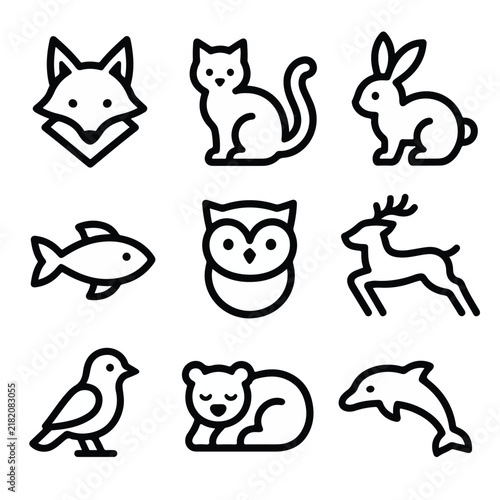 Vector-based, uncolored animal line icon set on a white background.