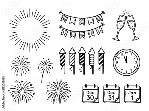 Hand drawn New Year celebration icons, festive party doodle set with fireworks and champagne, black line art holiday vector elements
