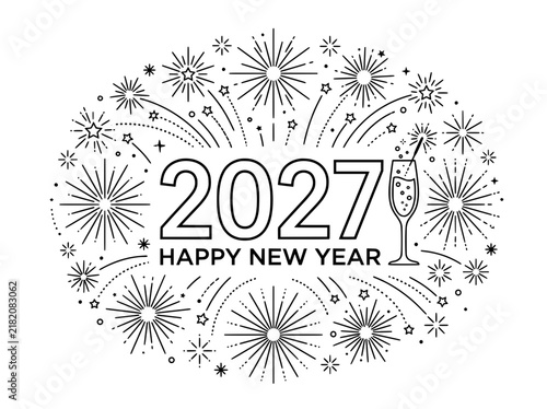 Happy New Year 2027 celebration vector, festive fireworks and champagne glass line art, minimalist holiday greeting card design