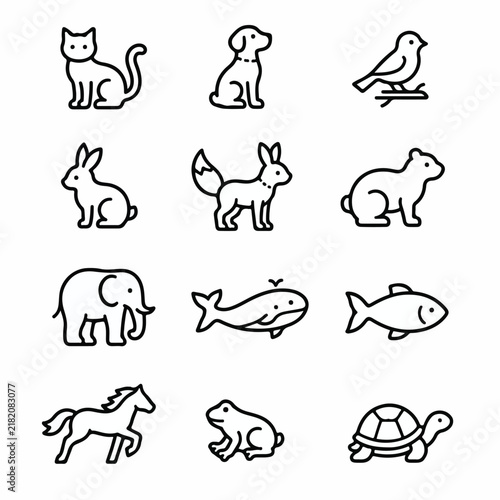 Vector-based, uncolored animal line icon set on a white background.