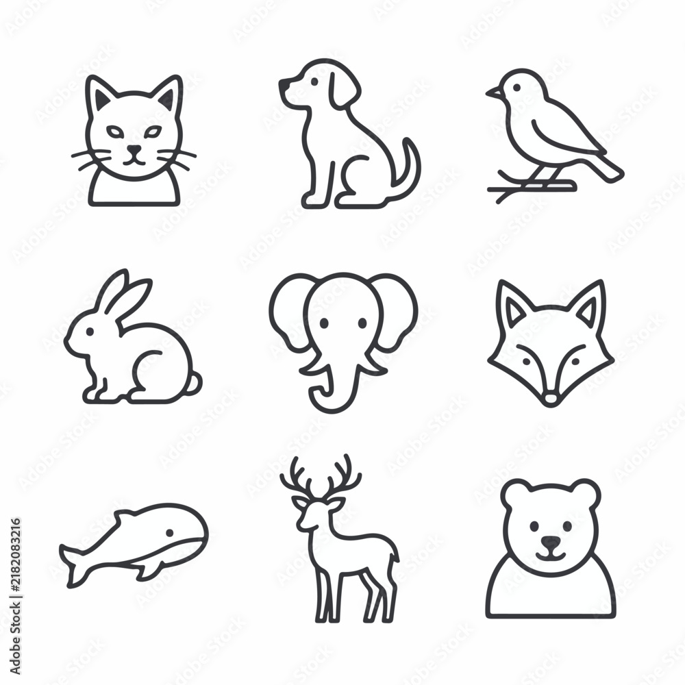 Obraz premium Vector-based, uncolored animal line icon set on a white background.