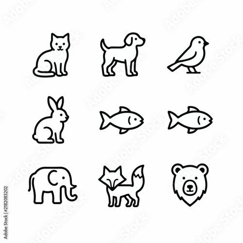 Vector-based, uncolored animal line icon set on a white background.