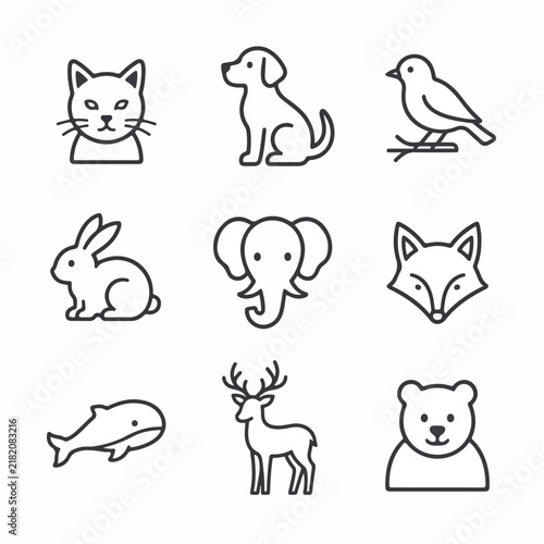 Vector-based, uncolored animal line icon set on a white background.