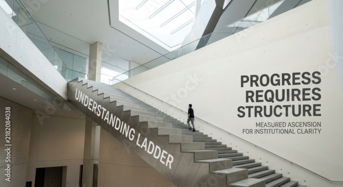 Lone Figure Ascends Modern Institutional Staircase Towards Knowledge