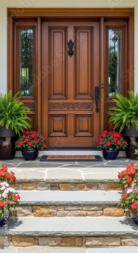 Elegant house entrance featuring a wooden door, glass sidelights, stone steps, and lush green potted plants on a tidy front porch area, frame, arrival, entrance