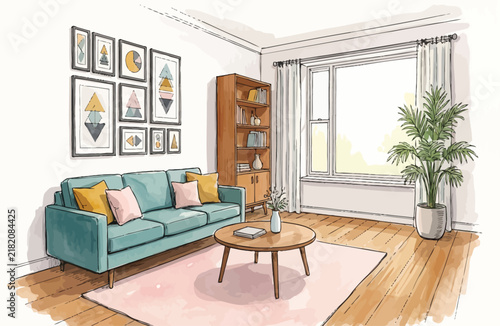 Retro Mid-Century Modern Living Room Line Art