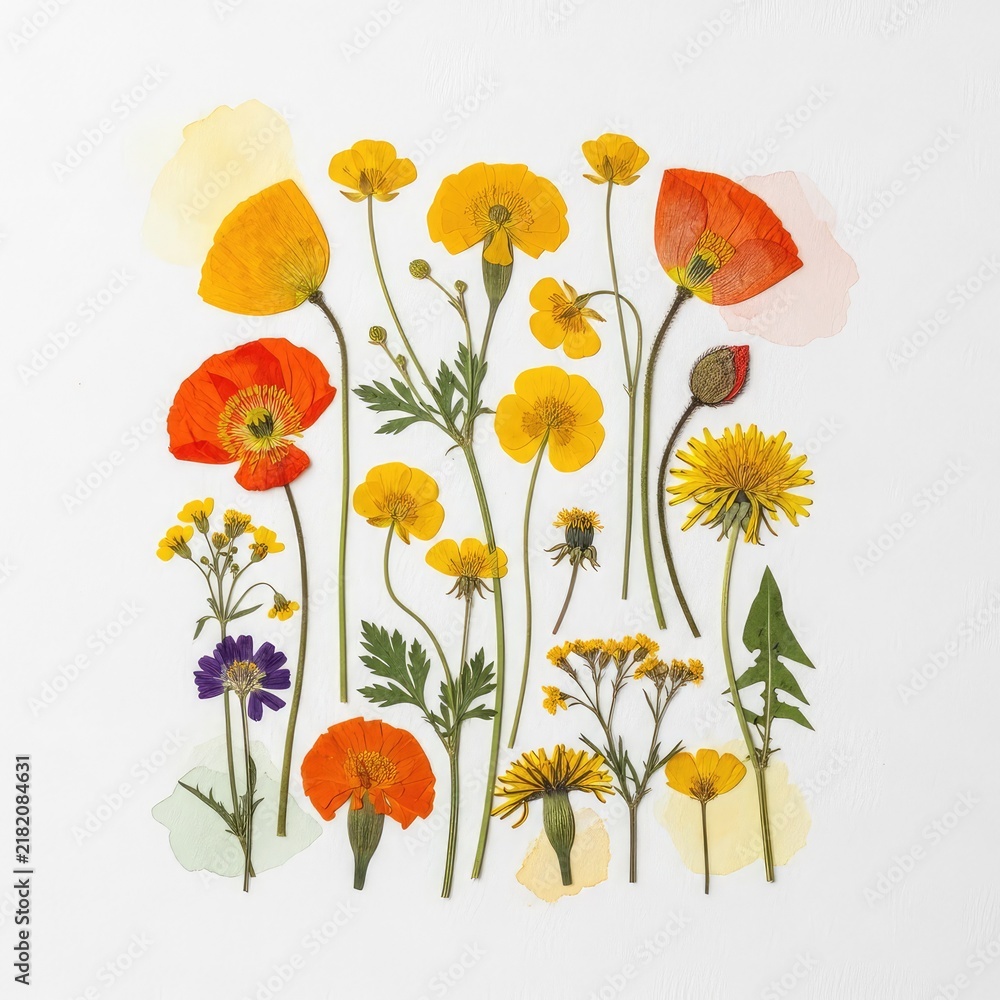 Fototapeta premium Herbarium with dried spring and summer wildflowers featuring bright yellow and orange blossoms isolated on a white watercolor background, flora, craft, vibrant