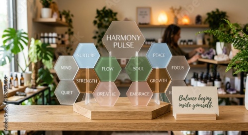 Organized Display of Acrylic Hexagons With Wellness Concepts