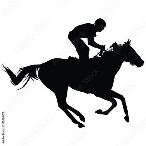 Fotografie Horse racing silhouette with jockey thoroughbred stallion galloping fast in comp