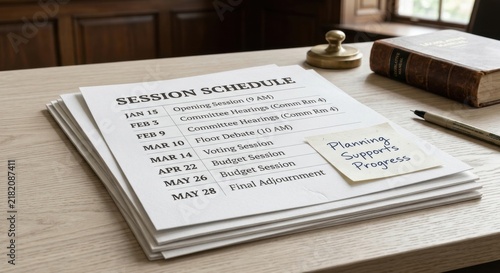 Session Schedule Document on a Wooden Desk with Planning Notes