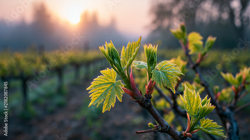 Fresh grape vine sprouts emerging during sunrise golden hour in vineyard for agricultural spring growth concept displays.