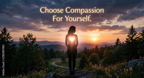 Silhouette with Glowing Heart at Sunset, Inspiring Self-Compassion