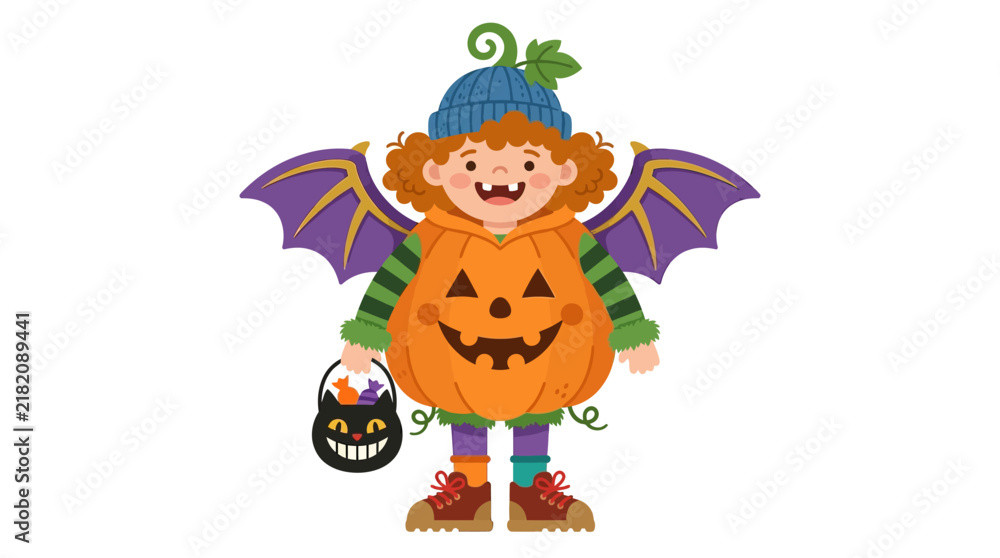 Naklejka premium Cute Kid in Pumpkin Bat Costume Holding Candy Bucket