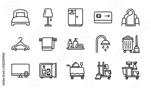 Hotel room amenities and guest service thin line vector icon collection
