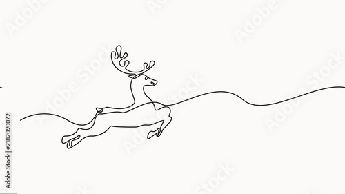 Minimalist continuous line art drawing of majestic reindeer leaping over snowy winter hills. self drawing animation, full-length  one line motion video