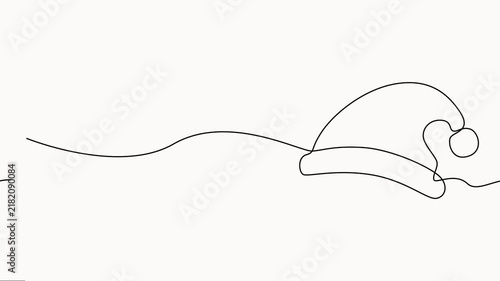 Minimalist continuous line art drawing of Santa Claus hat appearing on simple clean background.