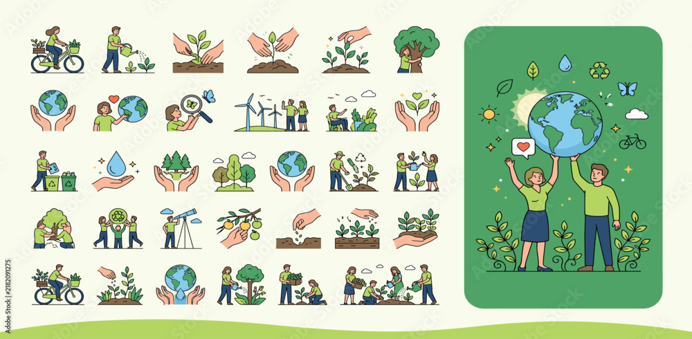 Fototapeta premium Nature and ecology concept illustrations. Set of people vector illustrations in various activities of ecology and environment, recycling, nature protection, renewable energy and sustainable technology