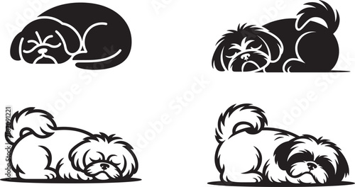 Black and white sleeping shih tzu dog silhouette vector icon set