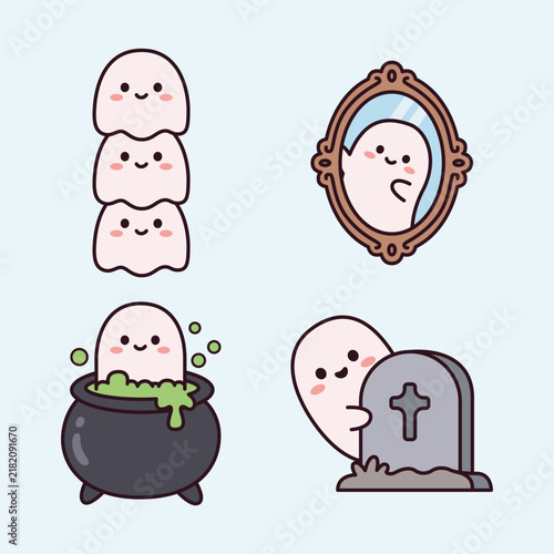 Cute Ghost Character Set Stacked Mirror Cauldron and Tombstone Isolated Object Illustration