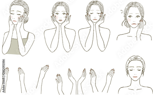 ビューティー　顔のケアをする女性のイラストレーション