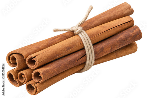Cinnamon sticks tied with twine on transparent background