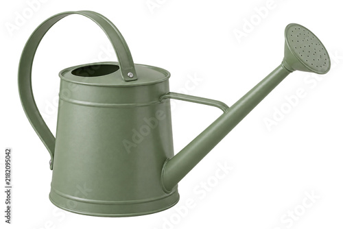 Sage green metal watering can on transparent background